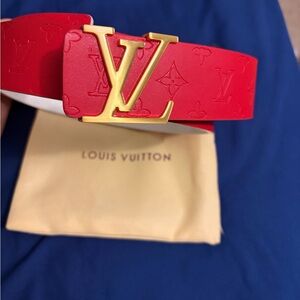 Louis Vuitton Red Monogram Belt with Gold LV Buckle